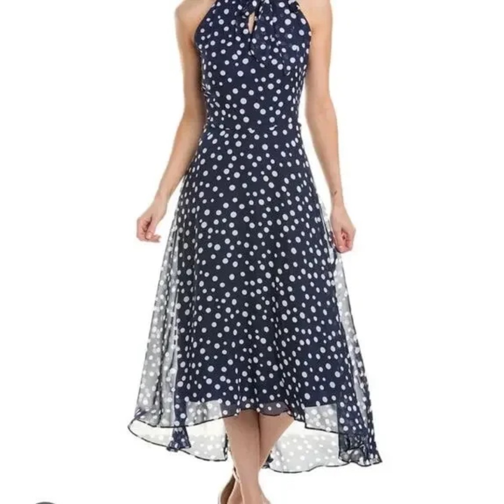 NWT Tahari ASL Navy White Polka Dot Halter Dress Size 8 Midi/Maxi